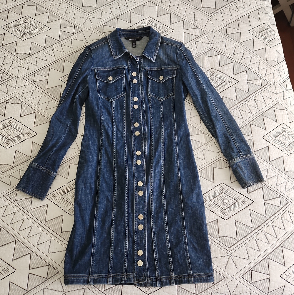 WHBM Sz 4 Button-Front Denim Shirt Dress in Dark Blue